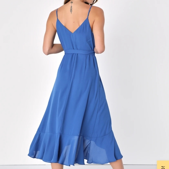 Manhattan Moment Blue Ruffled Midi Wrap Dress Lulus - Picture 2 of 16